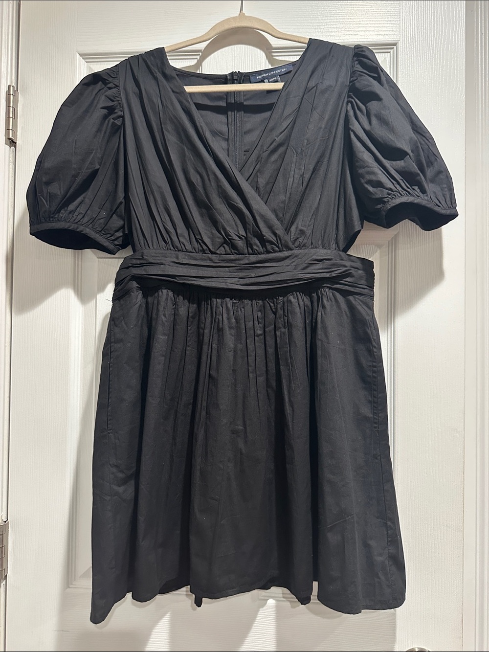 French Connection Black Puff-Sleeve V-Neck Mini Dress
